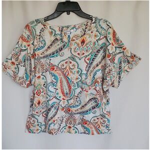 Chicos Paisley Floral 100% Linen Top XL Sz 3 Short Sleeve Boho Multicolor Casual